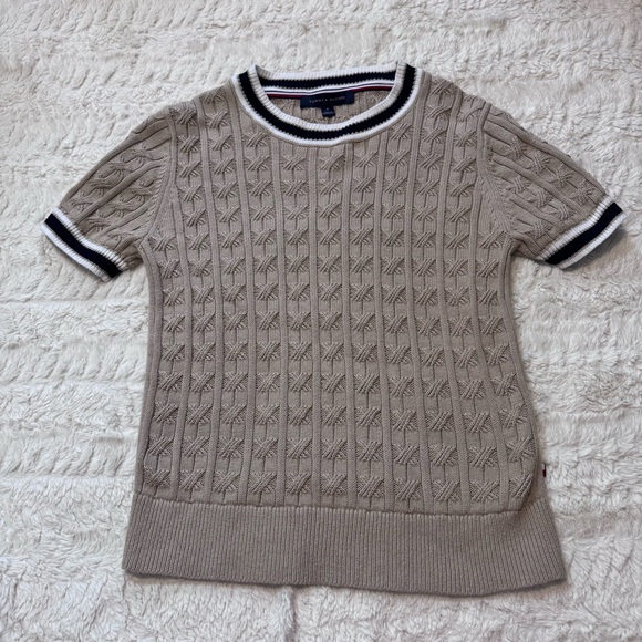 Tommy Hilfiger Sweaters - Tommy Hilfiger Khaki Cable Knit Short Sleeve Sweater Preppy Classic Size M
